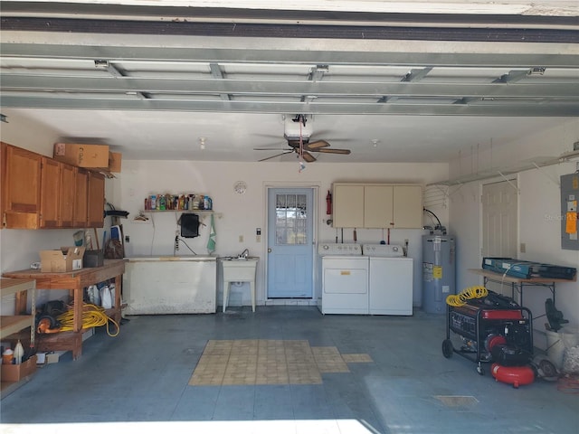 garage with water heater, sink, electric panel, a garage door opener, and washer and clothes dryer