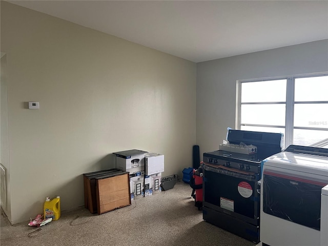 interior space featuring carpet floors and washing machine and clothes dryer