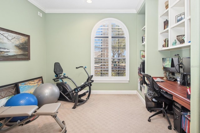 carpeted office featuring ornamental molding and plenty of natural light