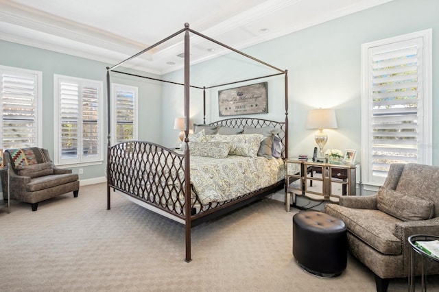 bedroom with multiple windows, ornamental molding, and carpet