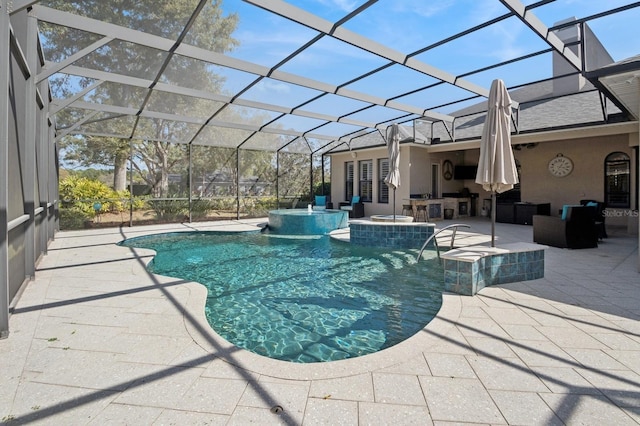 view of swimming pool with an in ground hot tub, a patio, and glass enclosure