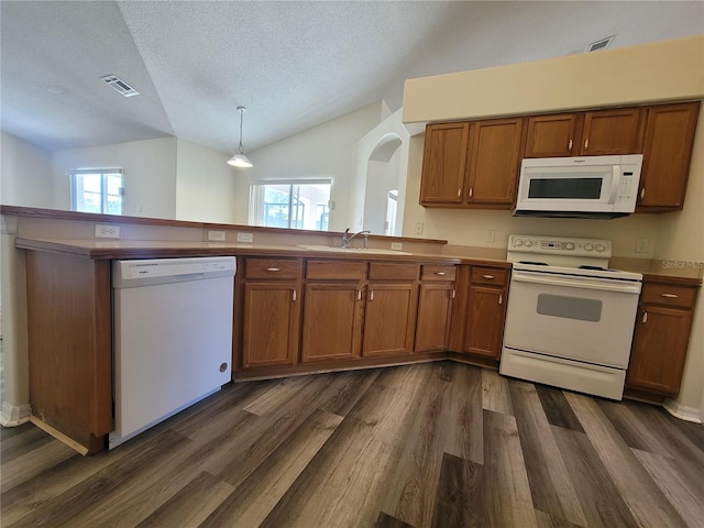 kitchen with sink, vaulted ceiling, pendant lighting, white appliances, and a healthy amount of sunlight