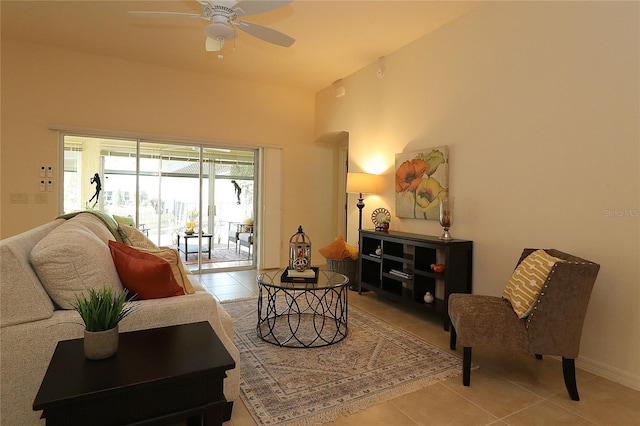 tiled living room with ceiling fan