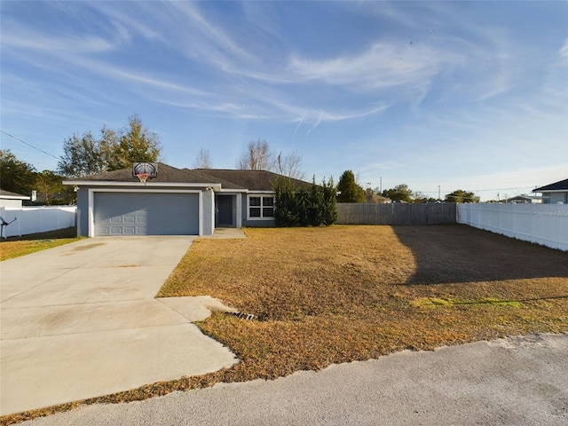 single story home with a garage and a front yard