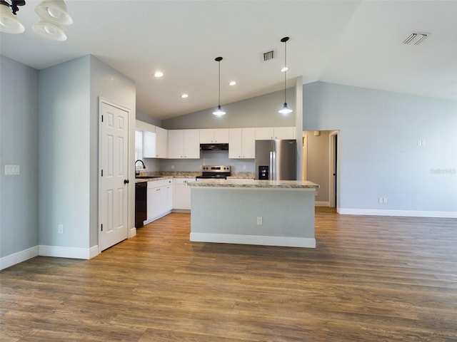 kitchen with a kitchen island, white cabinetry, sink, hanging light fixtures, and stainless steel appliances