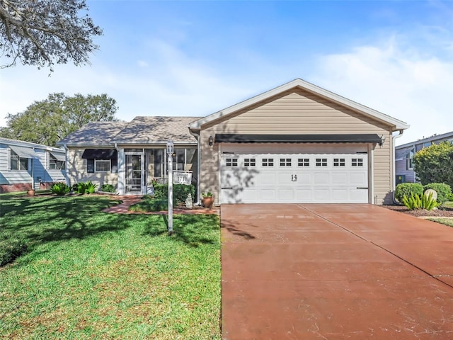 single story home with a garage and a front lawn