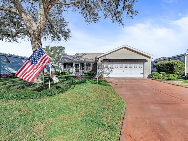 single story home featuring a garage and a front yard