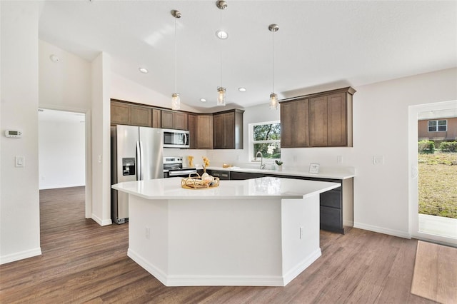 kitchen featuring dark brown cabinetry, appliances with stainless steel finishes, wood finished floors, and a center island