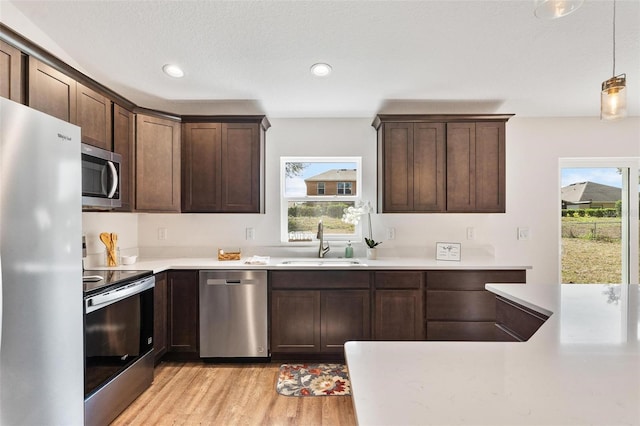 kitchen with stainless steel appliances, decorative light fixtures, sink, and dark brown cabinets