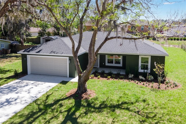 ranch-style house featuring an attached garage, stucco siding, a front lawn, driveway, and a shingled roof