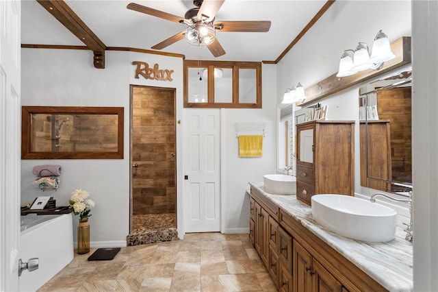 bathroom with a sink, double vanity, crown molding, and a tile shower