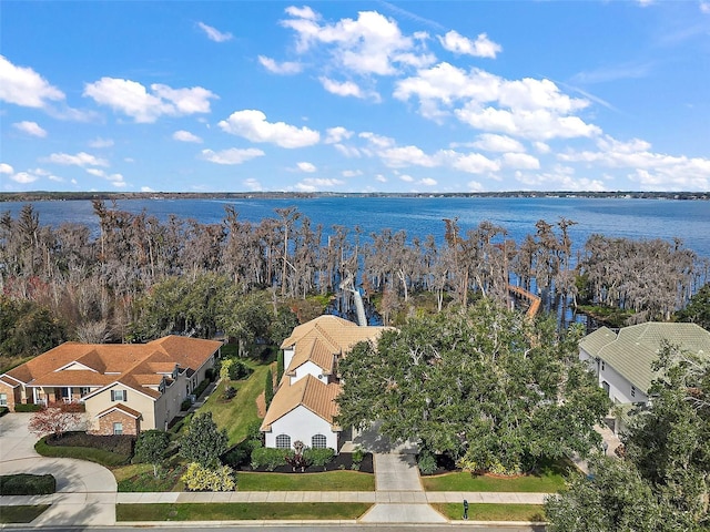 drone / aerial view featuring a water view