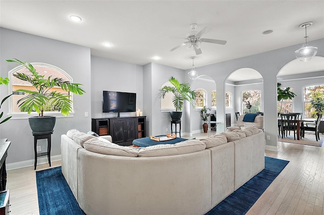 living room with ceiling fan and light hardwood / wood-style flooring