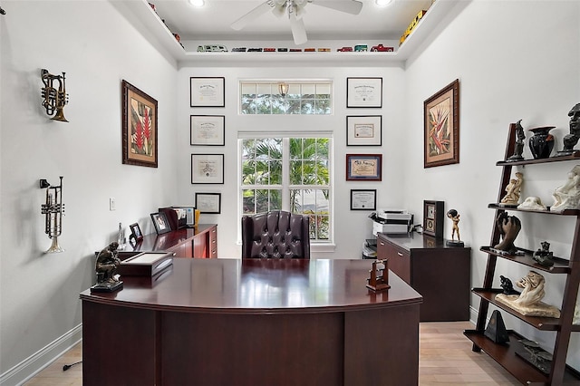 home office with ceiling fan and light hardwood / wood-style flooring