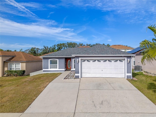 single story home with a garage, cooling unit, and a front lawn