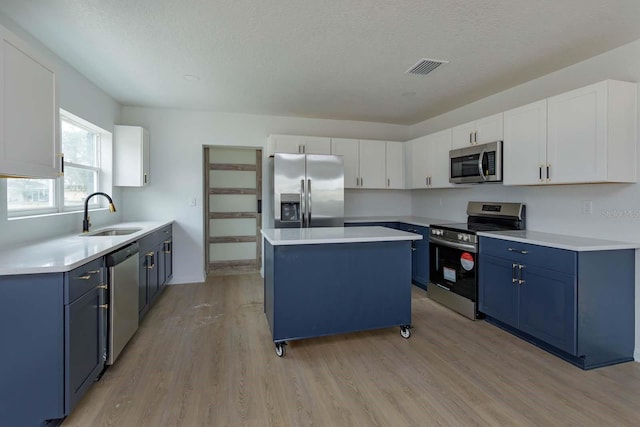 kitchen with sink, appliances with stainless steel finishes, a center island, white cabinets, and blue cabinets