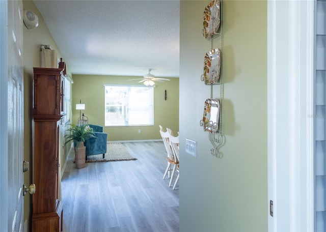 hallway with a textured ceiling, baseboards, and wood finished floors