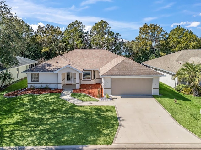 ranch-style house with a garage and a front yard