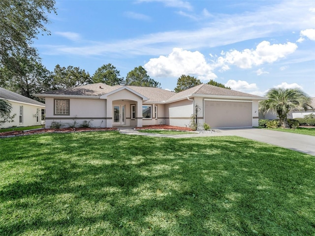 ranch-style house with a garage and a front yard