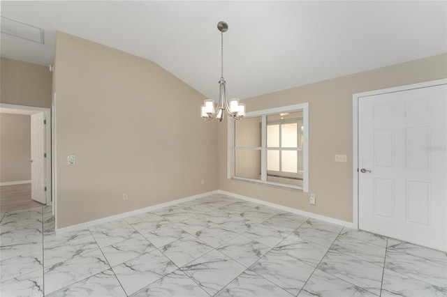 unfurnished dining area with lofted ceiling and a notable chandelier