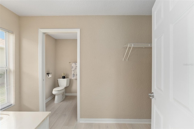 bathroom with vanity, hardwood / wood-style flooring, and toilet