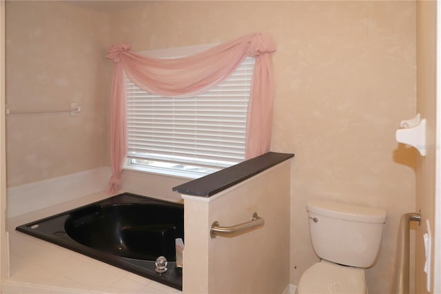 bathroom with toilet and a tub to relax in