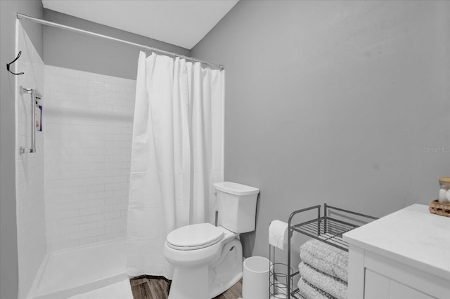 bathroom featuring wood-type flooring, toilet, vanity, and walk in shower