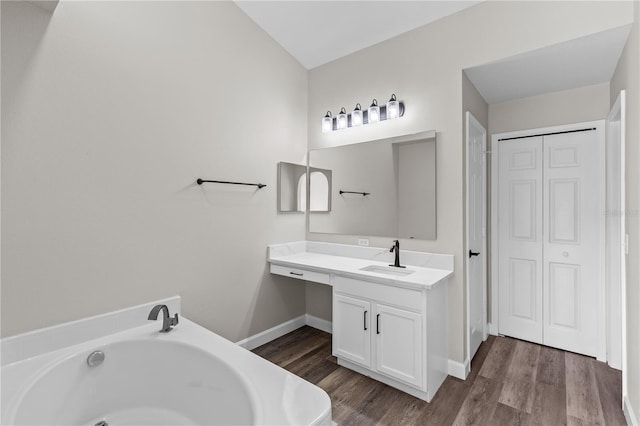 bathroom featuring vanity, a washtub, and hardwood / wood-style flooring