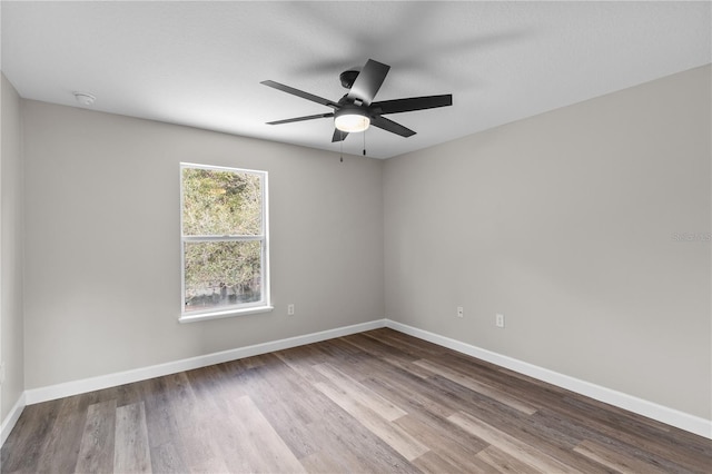 empty room with ceiling fan and light hardwood / wood-style floors