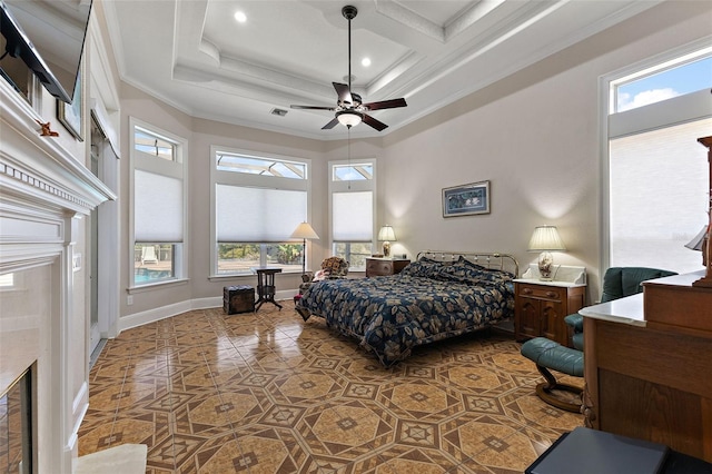 tiled bedroom with crown molding, a fireplace, ceiling fan, and a towering ceiling