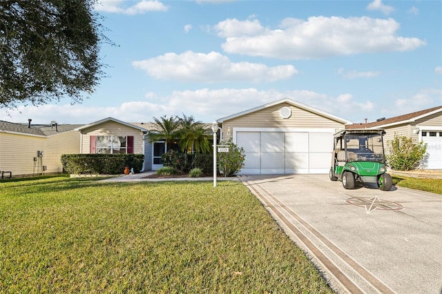 ranch-style home with a garage and a front lawn