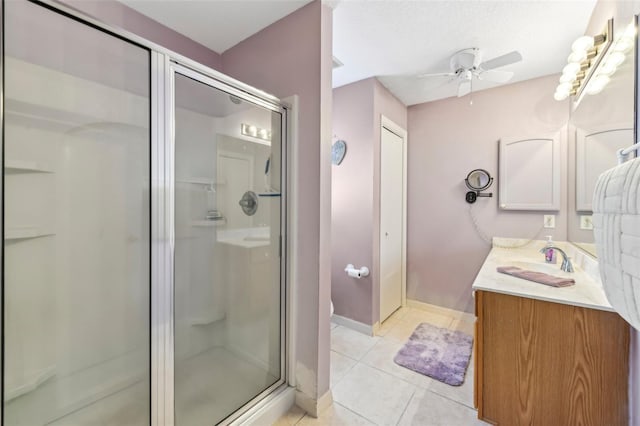 bathroom featuring tile patterned flooring, vanity, an enclosed shower, ceiling fan, and toilet