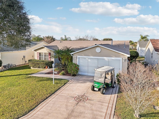 single story home featuring a garage and a front yard