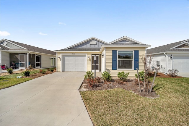 ranch-style home featuring a garage and a front yard