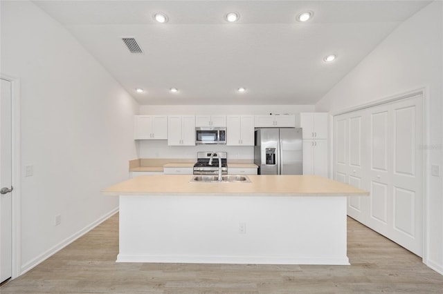 kitchen featuring a kitchen island with sink, sink, white cabinetry, and stainless steel appliances