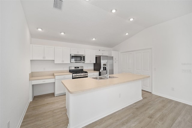 kitchen with white cabinetry, appliances with stainless steel finishes, sink, and a center island with sink