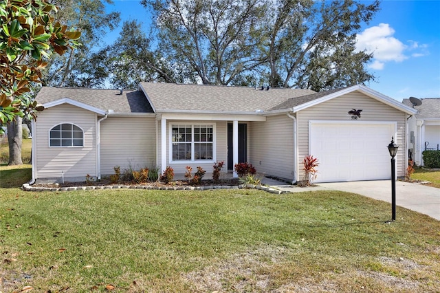 single story home featuring a garage and a front lawn