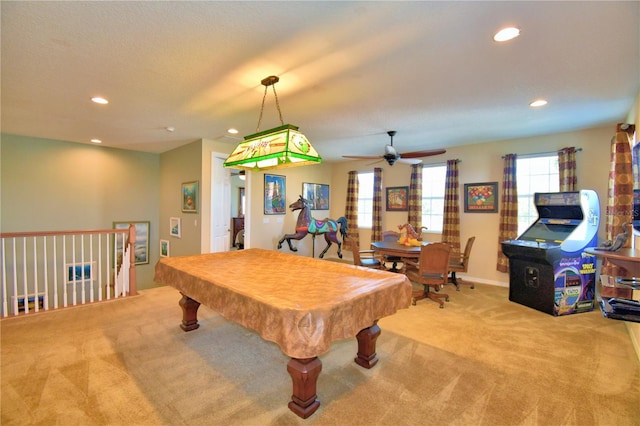 game room with light carpet, ceiling fan, and billiards