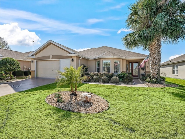 single story home with a garage and a front lawn