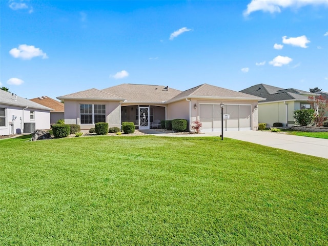 single story home featuring a garage, a front yard, and central air condition unit