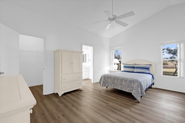 bedroom featuring a spacious closet, high vaulted ceiling, dark hardwood / wood-style floors, a closet, and ceiling fan