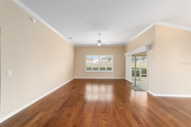 interior space featuring hardwood / wood-style flooring, crown molding, and ceiling fan