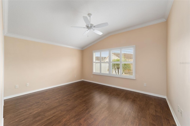 unfurnished room featuring dark hardwood / wood-style flooring, crown molding, vaulted ceiling, and ceiling fan