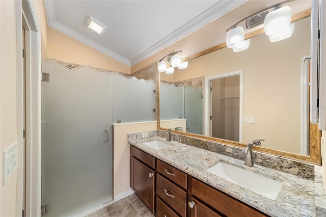 bathroom featuring a shower with shower door, lofted ceiling, tile patterned flooring, ornamental molding, and vanity