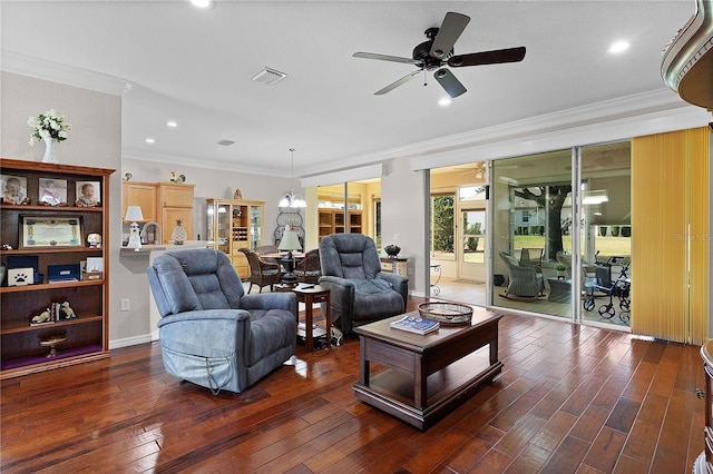 13914 SE 96th Cir, Summerfield, FL 34491 - living room with ornamental molding, dark hardwood / wood-style floors, and ceiling fan