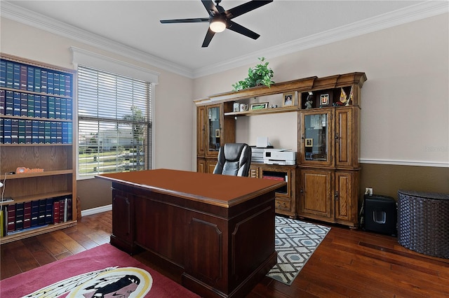 13914 SE 96th Cir, Summerfield, FL 34491 - home office with dark hardwood / wood-style flooring, crown molding, and ceiling fan