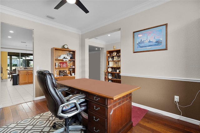 13914 SE 96th Cir, Summerfield, FL 34491 - office space with ornamental molding, ceiling fan, and light hardwood / wood-style floors