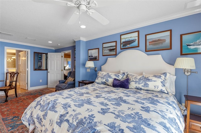 bedroom featuring ceiling fan, ornamental molding, and a textured ceiling