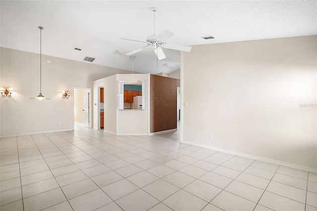 unfurnished living room with light tile patterned flooring, ceiling fan, and lofted ceiling