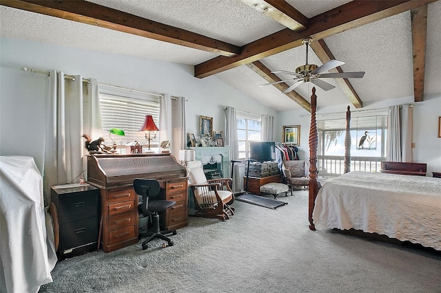 bedroom featuring ceiling fan, carpet flooring, a textured ceiling, and vaulted ceiling with beams